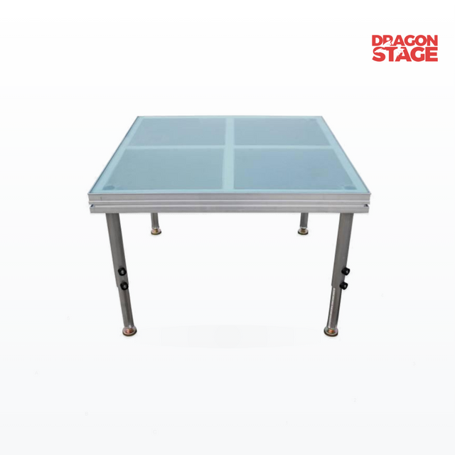 Transparent Glass Quick-Lock Stage Deck with Cross-Braced Aluminum Frame & Round Legs